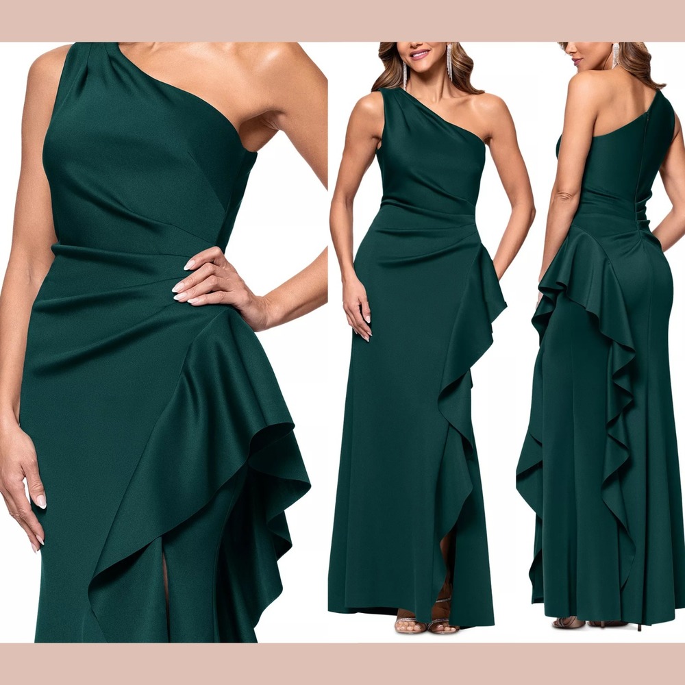 NWT $248 Xscape [ 16 ] Tana One-Shoulder Ruffle Scuba Crepe Gown Hunter Q1290